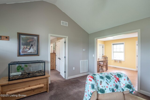 450 Rolling Way, Smiths Grove, KY 42171 - bedroom with high vaulted ceiling, baseboards, carpet floors, and visible vents