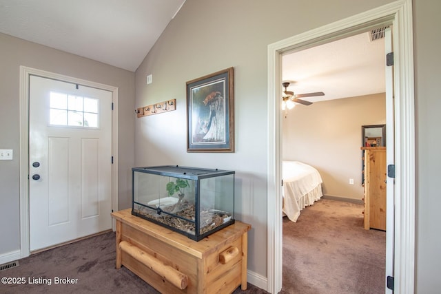 450 Rolling Way, Smiths Grove, KY 42171 - carpeted foyer entrance featuring ceiling fan, vaulted ceiling, baseboards, and visible vents