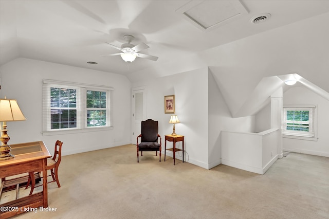 2335 Bonnycastle Ave, Louisville, KY 40205 - living area with vaulted ceiling, light colored carpet, a ceiling fan, attic access, and baseboards