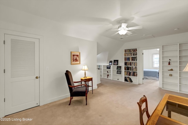 2335 Bonnycastle Ave, Louisville, KY 40205 - living area with carpet floors, ceiling fan, baseboards, vaulted ceiling, and a desk