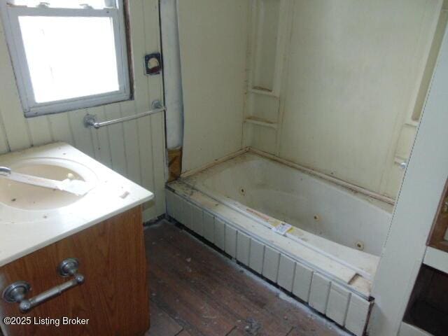 bathroom featuring a combined bath / shower with jetted tub, wood finished floors, and vanity