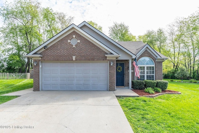 single story home featuring brick siding, driveway, and an attached garage