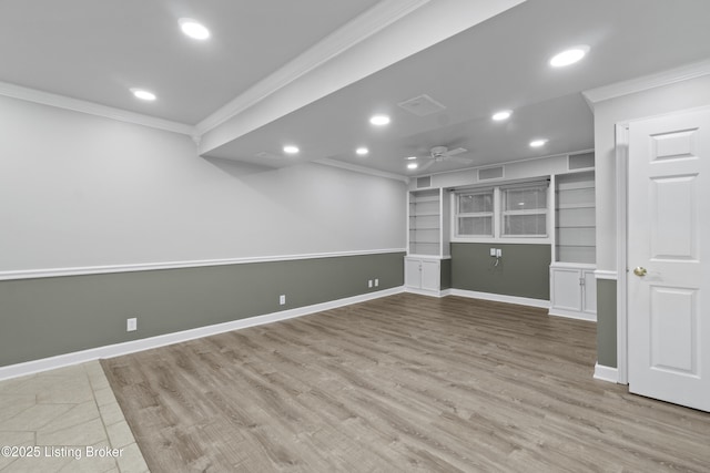 120 Emily Dr, Mt Washington, KY 40047 - below grade area with crown molding, ceiling fan, wood finished floors, recessed lighting, and built in shelves