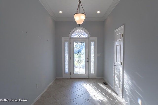 5503 Vevia Pl, Louisville, KY 40272 - entrance foyer with baseboards, crown molding, light tile patterned flooring, and recessed lighting