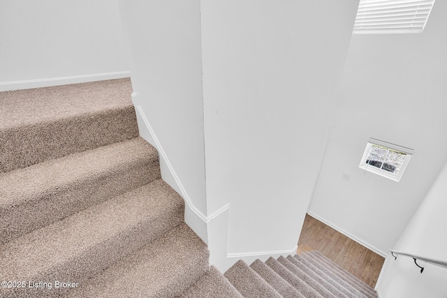 stairway featuring baseboards and carpet