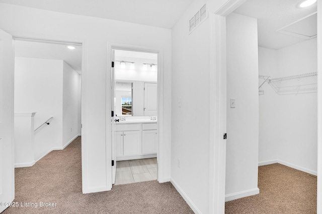 walk in closet with visible vents and light carpet