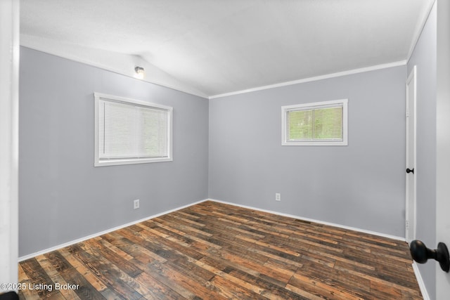 340 Cherry Pass, New Haven, KY 40051 - unfurnished room featuring lofted ceiling, dark wood-style flooring, crown molding, and baseboards