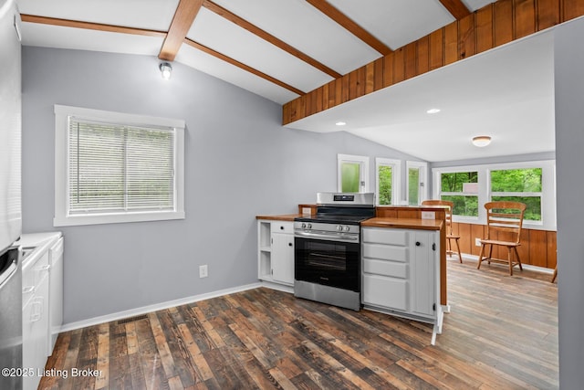 340 Cherry Pass, New Haven, KY 40051 - kitchen with stainless steel electric range oven, dark wood finished floors, baseboards, white cabinets, and recessed lighting