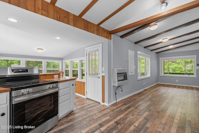 340 Cherry Pass, New Haven, KY 40051 - kitchen featuring electric range, heating unit, dark wood-style flooring, baseboards, and white cabinets