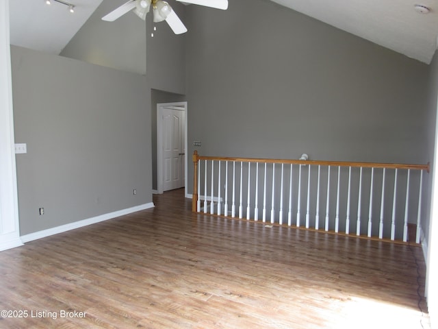 1253 Shepard Way, Shelbyville, KY 40065 - unfurnished room with high vaulted ceiling, baseboards, a ceiling fan, and wood finished floors