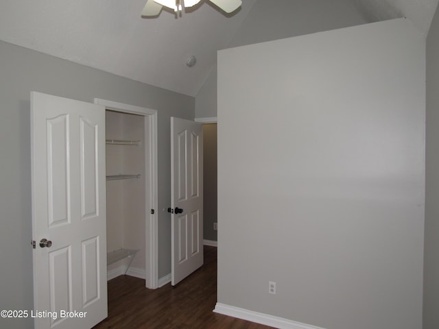 1253 Shepard Way, Shelbyville, KY 40065 - unfurnished bedroom with ceiling fan, baseboards, lofted ceiling, dark wood-type flooring, and a closet