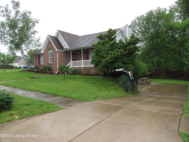 1253 Shepard Way, Shelbyville, KY 40065 - single story home featuring covered porch, driveway, a chimney, brick siding, and a front lawn