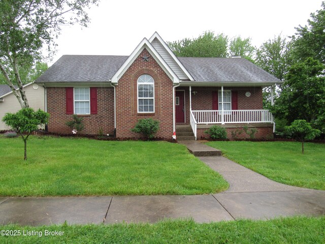 1253 Shepard Way, Shelbyville, KY 40065 - ranch-style house featuring covered porch, brick siding, a front yard, and roof with shingles