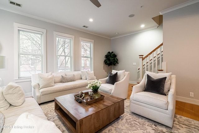 9410 Norton Comnons Blvd, Prospect, KY 40059 - living area featuring ornamental molding, stairs, light wood-type flooring, baseboards, and a ceiling fan