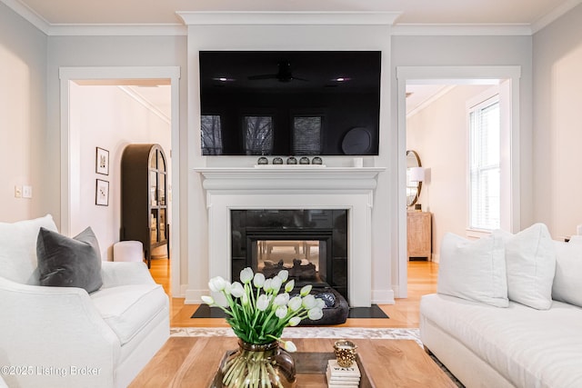 9410 Norton Comnons Blvd, Prospect, KY 40059 - living area featuring wood finished floors, ceiling fan, crown molding, and a multi sided fireplace