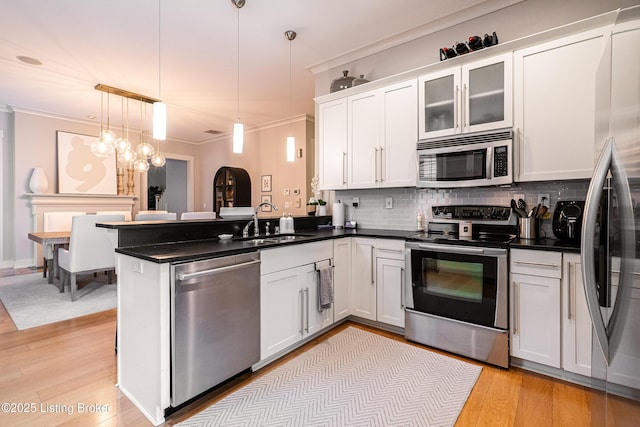 9410 Norton Comnons Blvd, Prospect, KY 40059 - kitchen featuring stainless steel appliances, a sink, a peninsula, ornamental molding, and light wood-style floors