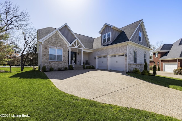 craftsman inspired home with an attached garage, stone siding, concrete driveway, a front lawn, and roof with shingles