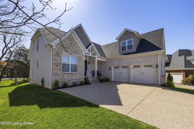 craftsman house with driveway, brick siding, stone siding, a shingled roof, and a front yard