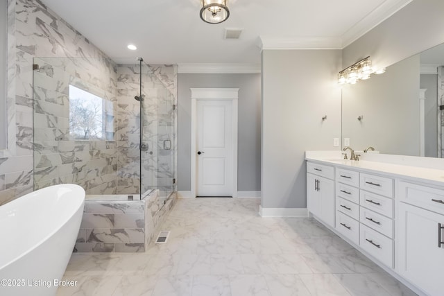 full bath featuring vanity, a marble finish shower, visible vents, crown molding, and a freestanding bath