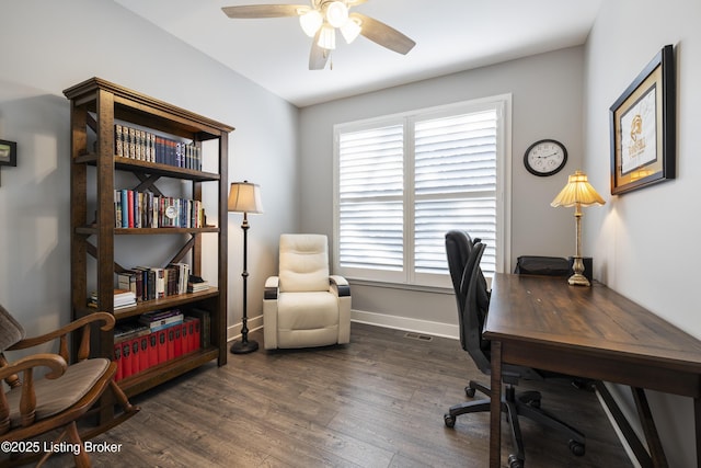 home office with a ceiling fan, baseboards, visible vents, and wood finished floors
