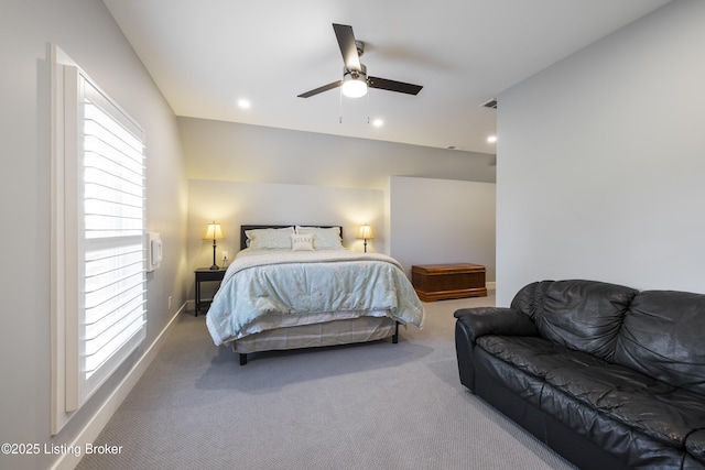 carpeted bedroom with baseboards, visible vents, recessed lighting, and a ceiling fan
