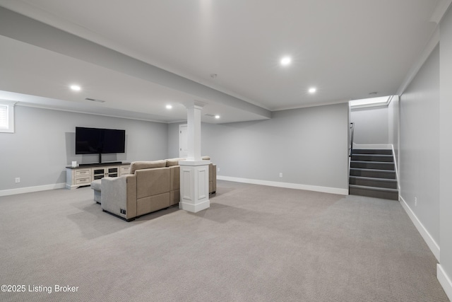 unfurnished living room featuring stairs, light carpet, baseboards, and recessed lighting