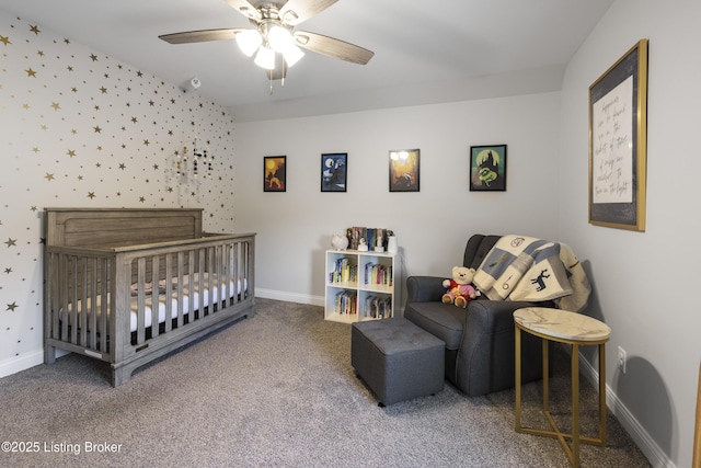 9102 Pinnacle Place Dr, Louisville, KY 40272 - bedroom featuring baseboards, carpet flooring, a nursery area, and a ceiling fan