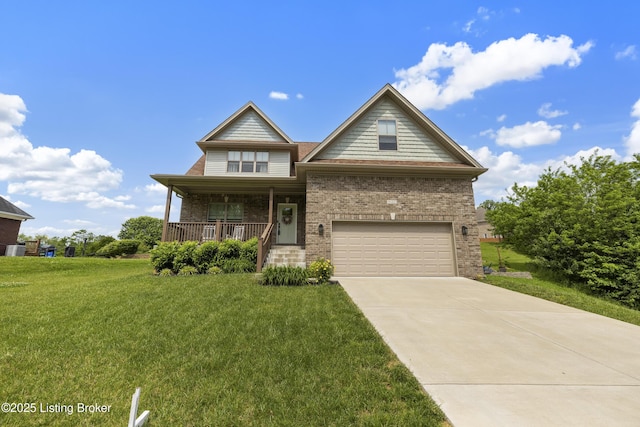 9102 Pinnacle Place Dr, Louisville, KY 40272 - craftsman-style house with a front lawn, covered porch, concrete driveway, a garage, and brick siding