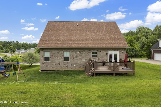 9102 Pinnacle Place Dr, Louisville, KY 40272 - rear view of house featuring a wooden deck, a lawn, french doors, roof with shingles, and brick siding