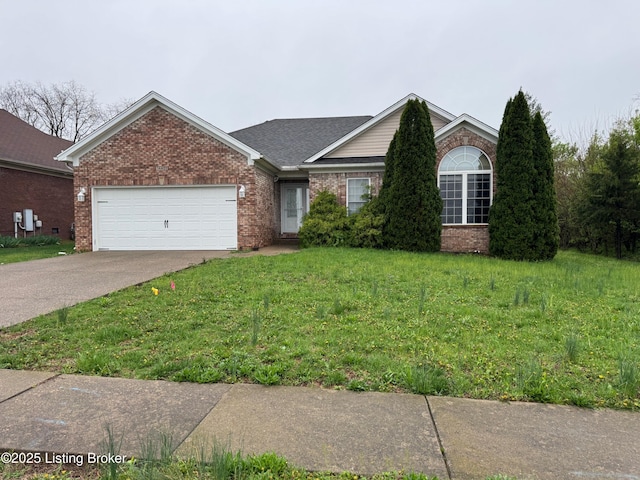 ranch-style house featuring brick siding, an attached garage, driveway, and a front yard