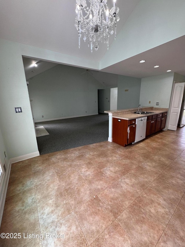 14401 Estate Ridge Blvd, Louisville, KY 40291 - kitchen with a sink, lofted ceiling, light countertops, a chandelier, and open floor plan