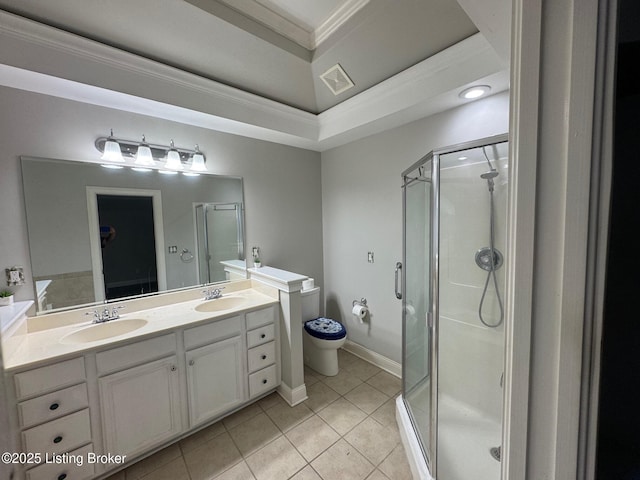 14401 Estate Ridge Blvd, Louisville, KY 40291 - bathroom featuring a shower stall, tile patterned flooring, double vanity, ornamental molding, and toilet