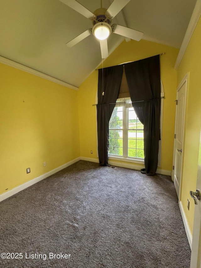 14401 Estate Ridge Blvd, Louisville, KY 40291 - carpeted empty room featuring ceiling fan, vaulted ceiling, baseboards, and crown molding