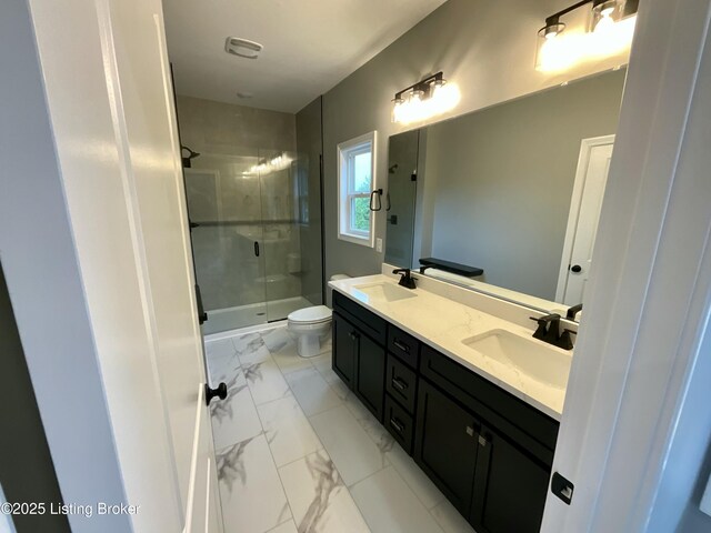 383 Webb Ln, Bedford, KY 40006 - bathroom with toilet, a stall shower, marble look tiles, and double vanity