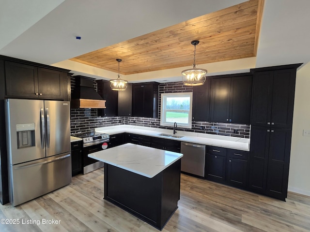 383 Webb Ln, Bedford, KY 40006 - kitchen with stainless steel appliances, custom exhaust hood, wood ceiling, light wood-type flooring, and a sink