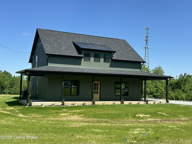 383 Webb Ln, Bedford, KY 40006 - rear view of property with covered porch, a yard, central AC unit, and a shingled roof