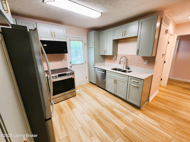 611 Malcolm Ave, Louisville, KY 40223 - kitchen featuring stainless steel appliances, light wood-style flooring, backsplash, light countertops, and a textured ceiling