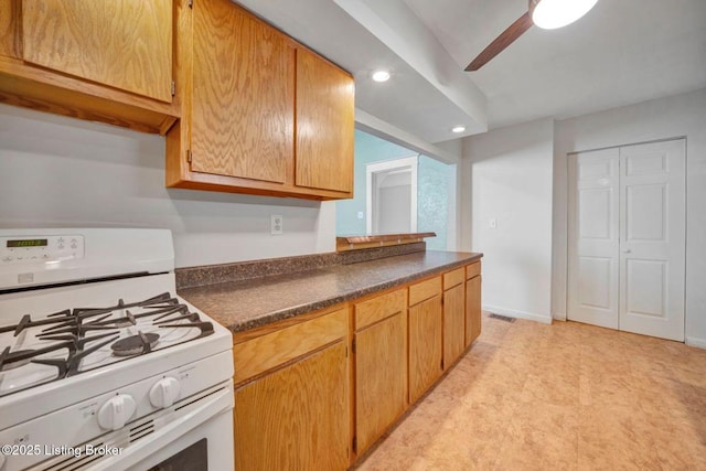 2060 S Preston St, Louisville, KY 40217 - kitchen with gas range gas stove, dark countertops, recessed lighting, and ceiling fan