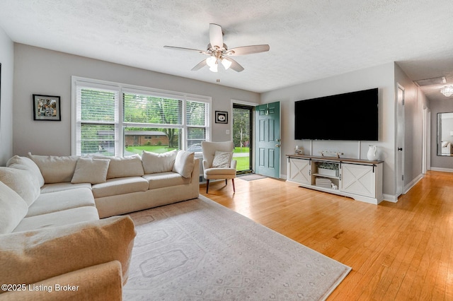 4203 Hewitt Ave, Louisville, KY 40220 - living room featuring a ceiling fan, wood finished floors, a textured ceiling, and baseboards