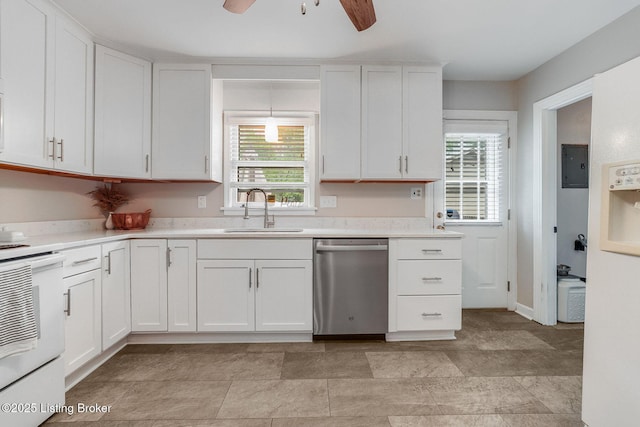 4203 Hewitt Ave, Louisville, KY 40220 - kitchen featuring dishwasher, a sink, white range with electric stovetop, a ceiling fan, and white cabinets