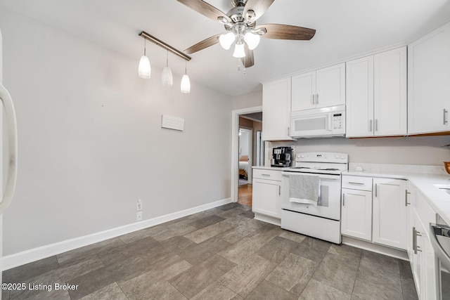 4203 Hewitt Ave, Louisville, KY 40220 - kitchen with white appliances, a ceiling fan, white cabinetry, light countertops, and baseboards