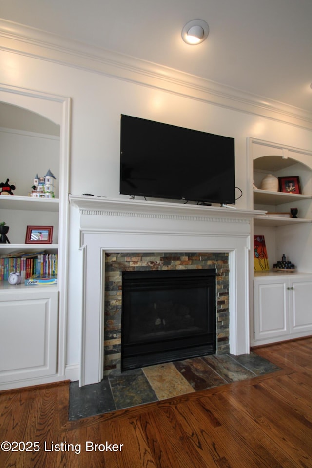 10513 Mountain Ash Ln, Prospect, KY 40059 - detailed view of ornamental molding, wood finished floors, a fireplace, and built in features