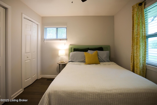 3101 Radiance Rd, Louisville, KY 40220 - bedroom featuring dark wood-style floors, baseboards, a closet, and ceiling fan