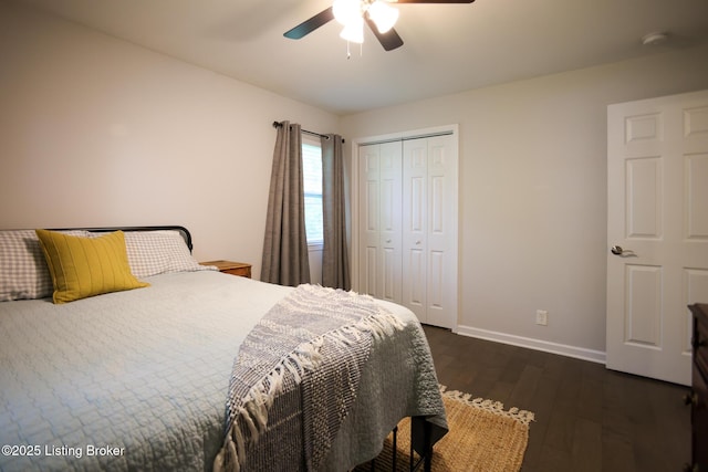 3101 Radiance Rd, Louisville, KY 40220 - bedroom with baseboards, dark wood-style flooring, a closet, and ceiling fan