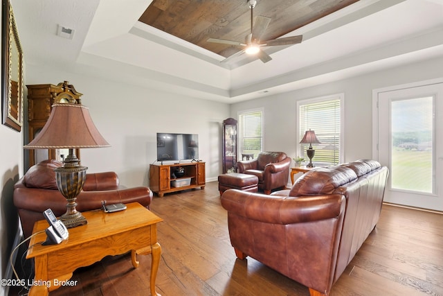 105 Hollow Springs Dr, Bardstown, KY 40004 - living room with a raised ceiling, ceiling fan, hardwood / wood-style flooring, wood ceiling, and baseboards