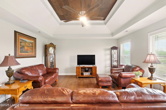 105 Hollow Springs Dr, Bardstown, KY 40004 - living room featuring a tray ceiling, hardwood / wood-style flooring, ceiling fan, and baseboards