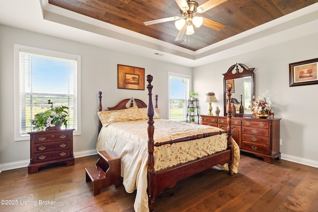 105 Hollow Springs Dr, Bardstown, KY 40004 - bedroom featuring a tray ceiling, dark wood-style floors, baseboards, wooden ceiling, and ornamental molding