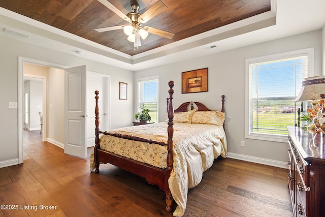 105 Hollow Springs Dr, Bardstown, KY 40004 - bedroom featuring a tray ceiling, wooden ceiling, dark wood finished floors, and multiple windows