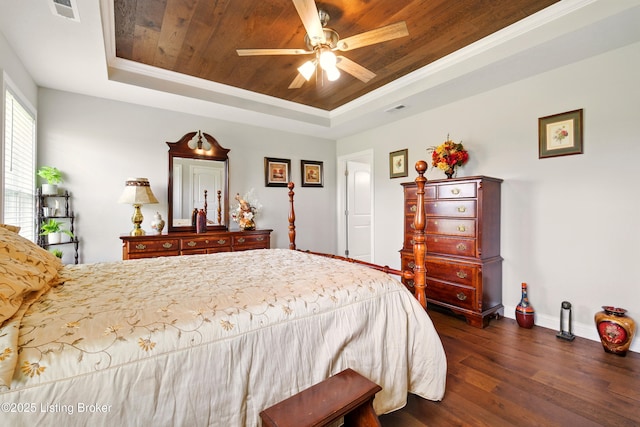 105 Hollow Springs Dr, Bardstown, KY 40004 - bedroom with a tray ceiling, wood ceiling, dark wood-type flooring, baseboards, and ornamental molding