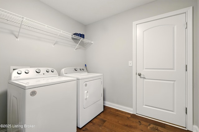 105 Hollow Springs Dr, Bardstown, KY 40004 - washroom with dark wood-style flooring, washing machine and clothes dryer, and baseboards